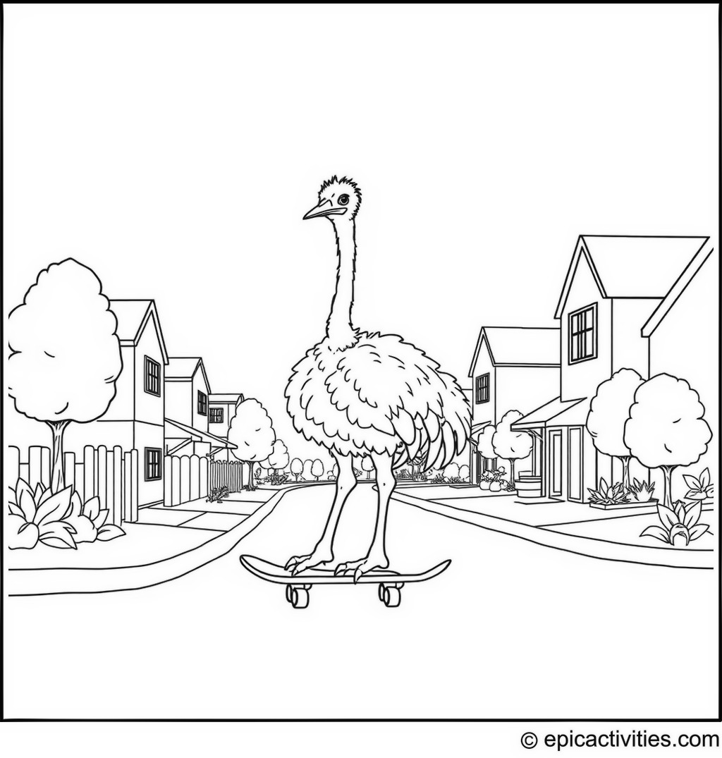 Coloring page of a Cute Ostrich Riding a Skateboard in a Simple Neighborhood