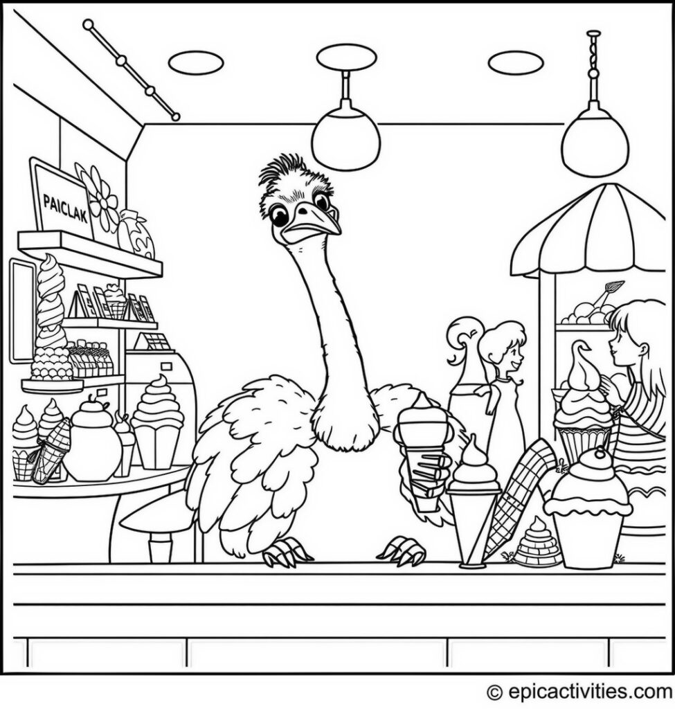 Coloring page of a cute ostrich serving ice cream at an ice cream parlor