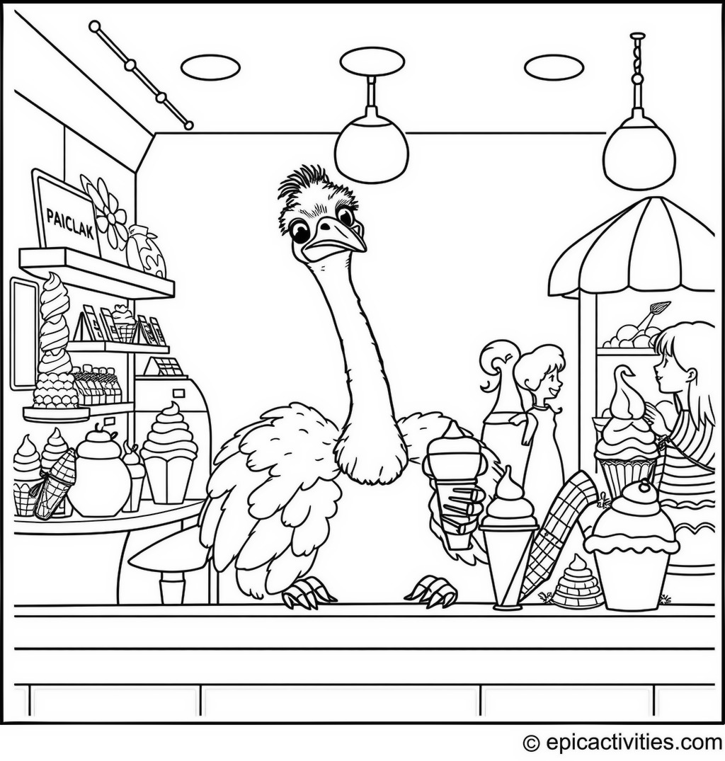 Coloring page of a cute ostrich serving ice cream at an ice cream parlor