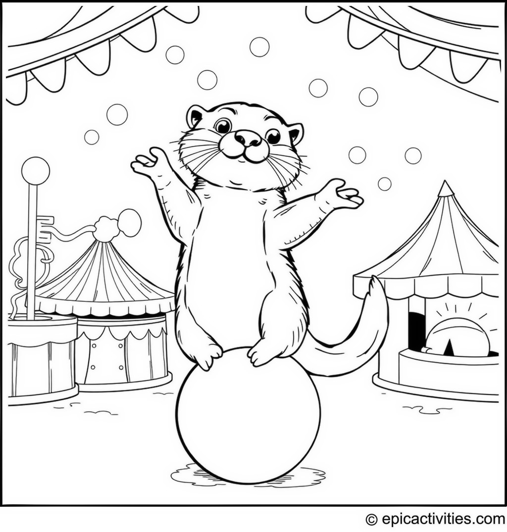 Coloring page of a cute otter balancing on a ball at a whimsical circus