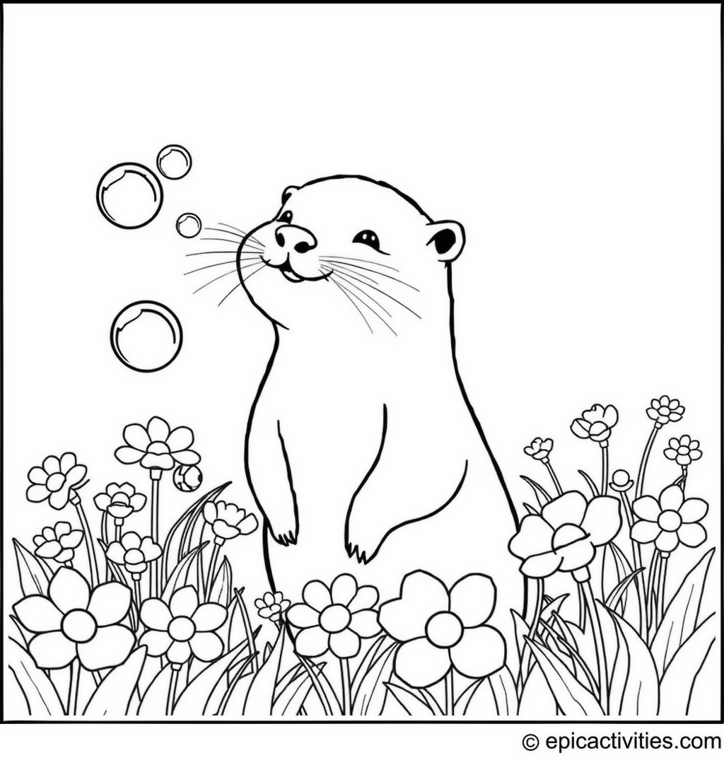 Coloring page of a cute otter blowing bubbles in a field of flowers