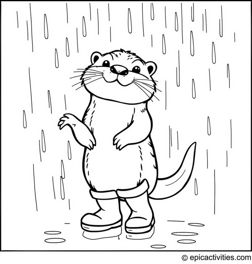 Coloring page of a cute otter dancing in the rain with cartoon rain boots
