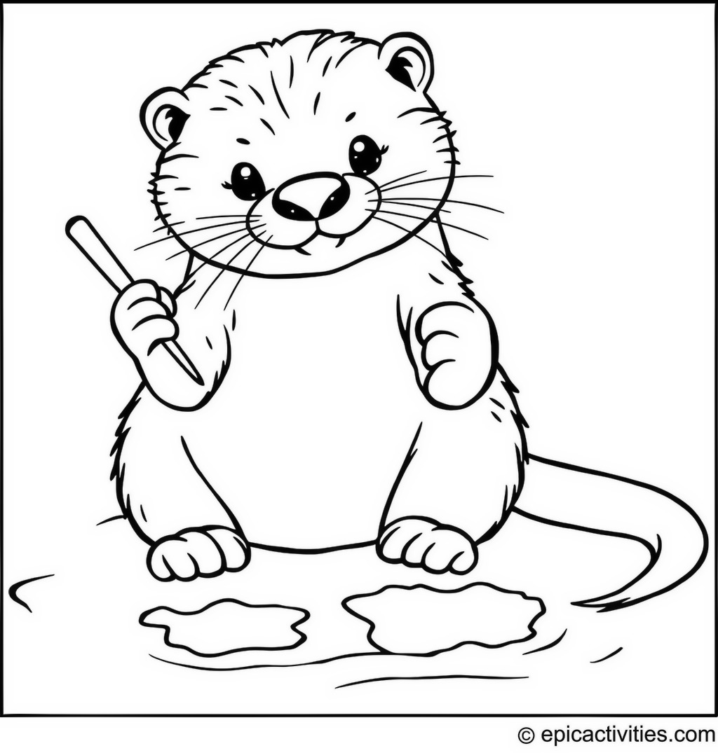 Coloring page of a cute otter drawing shapes in the sand with a stick