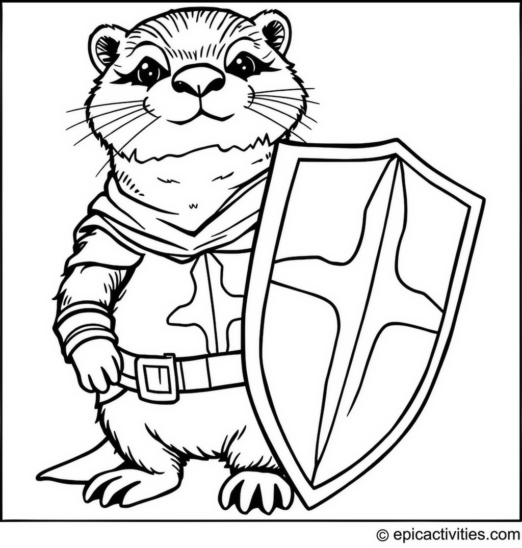 Coloring page of a Cute Otter Dressed as a Knight with a Cardboard Shield