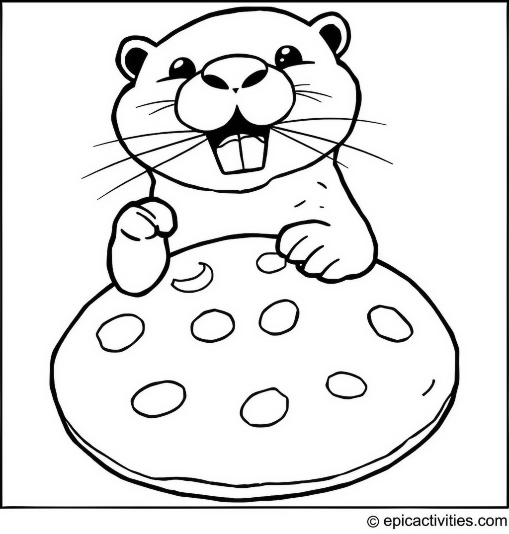 Coloring page of a cute otter enjoying a giant cartoon cookie