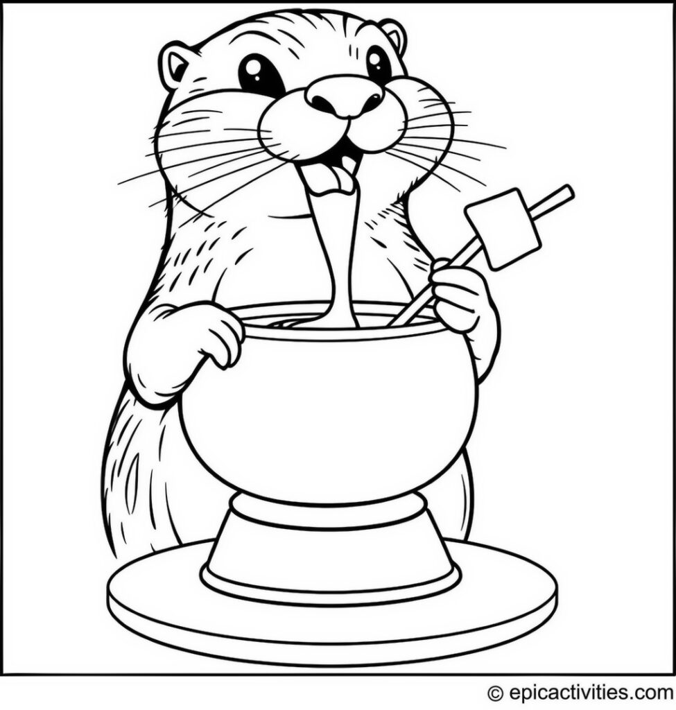Coloring page of a Cute Otter Enjoying Fondue Fun