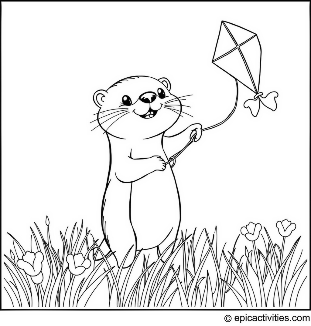 Coloring page of a Cute Otter Flying a Fish Kite in a Meadow