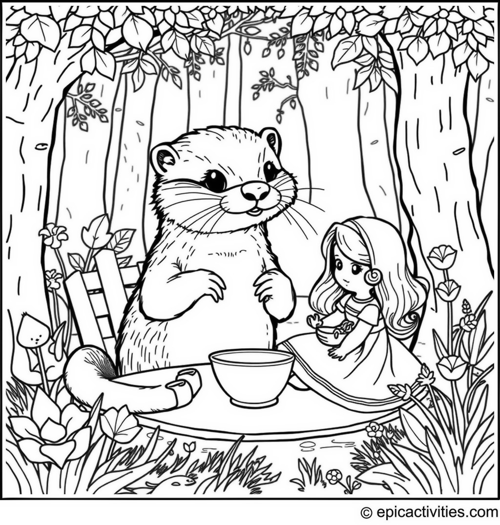 Coloring page of a Cute Otter Having a Tea Party in the Woodland