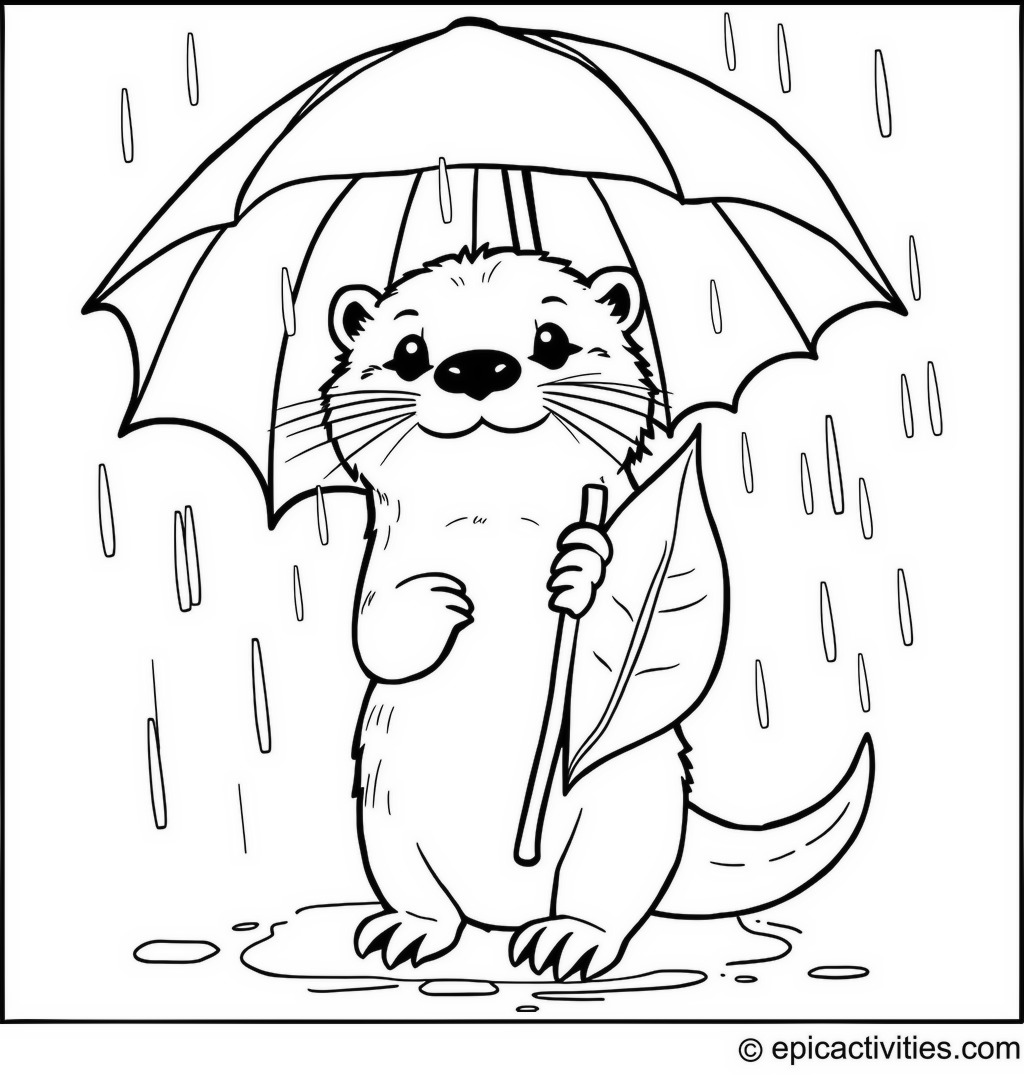 Coloring page of a cute otter holding a giant leaf as an umbrella while it rains