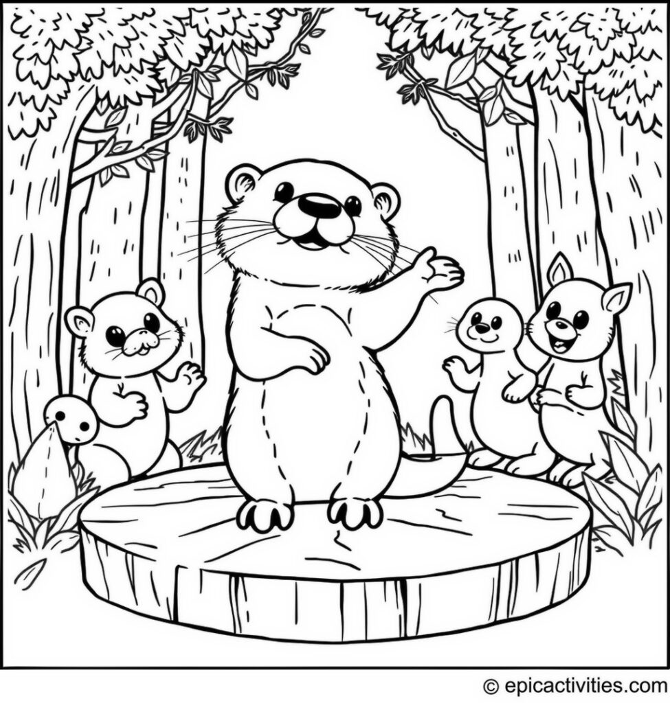 Coloring page of a Cute Otter Hosting a Dance Competition Among Forest Creatures
