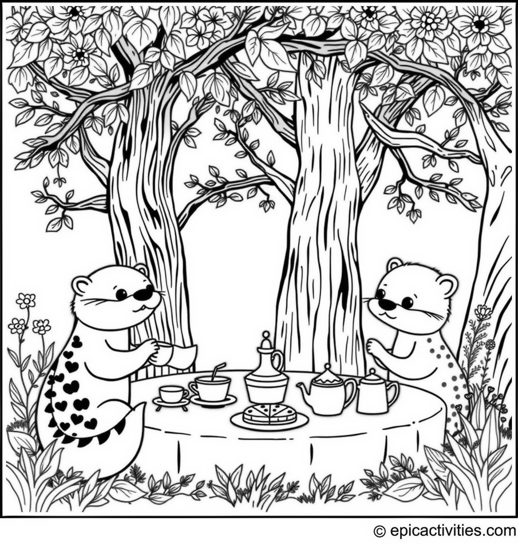 Coloring page of A cute otter hosting a fancy tea party for woodland friends under a tree