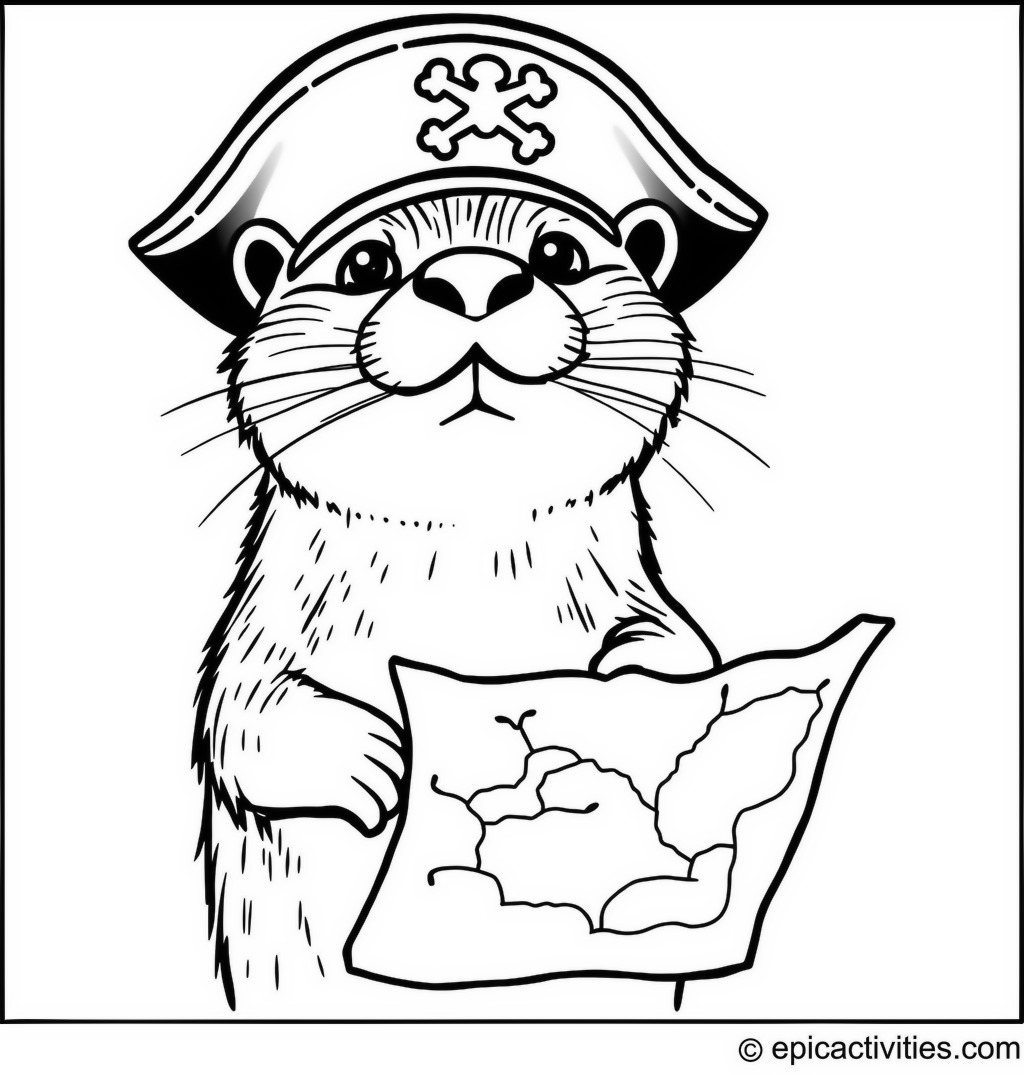 Coloring page of a Cute Otter in a Pirate Hat with a Treasure Map
