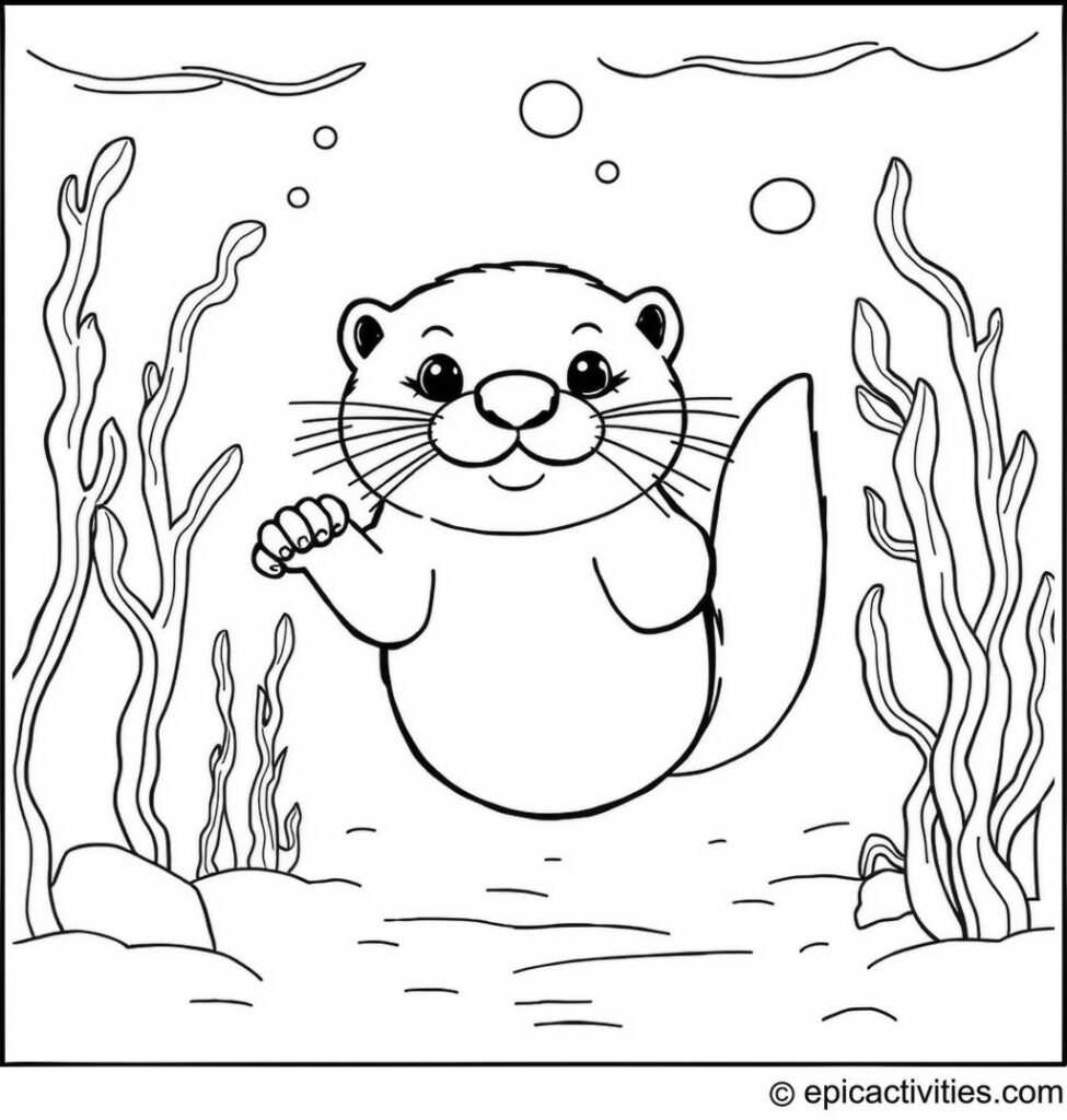 Coloring page of a Cute Otter in an Underwater Race with Seaweed Finish Lines