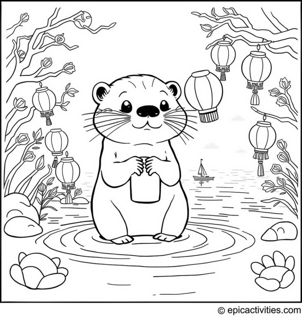 Coloring page of a cute otter organizing a lantern festival