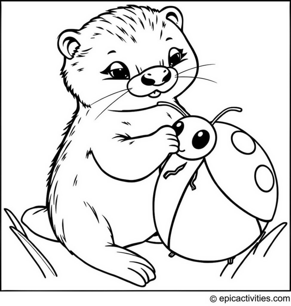 Coloring page of a cute otter painting spots on a cartoon ladybug