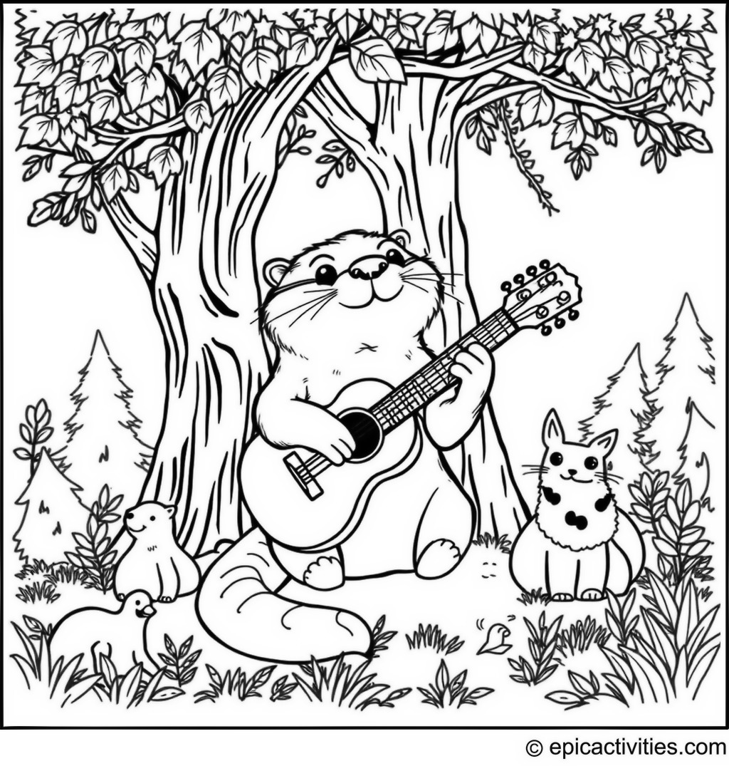 Coloring page of a cute otter playing a guitar under a tree with forest animals