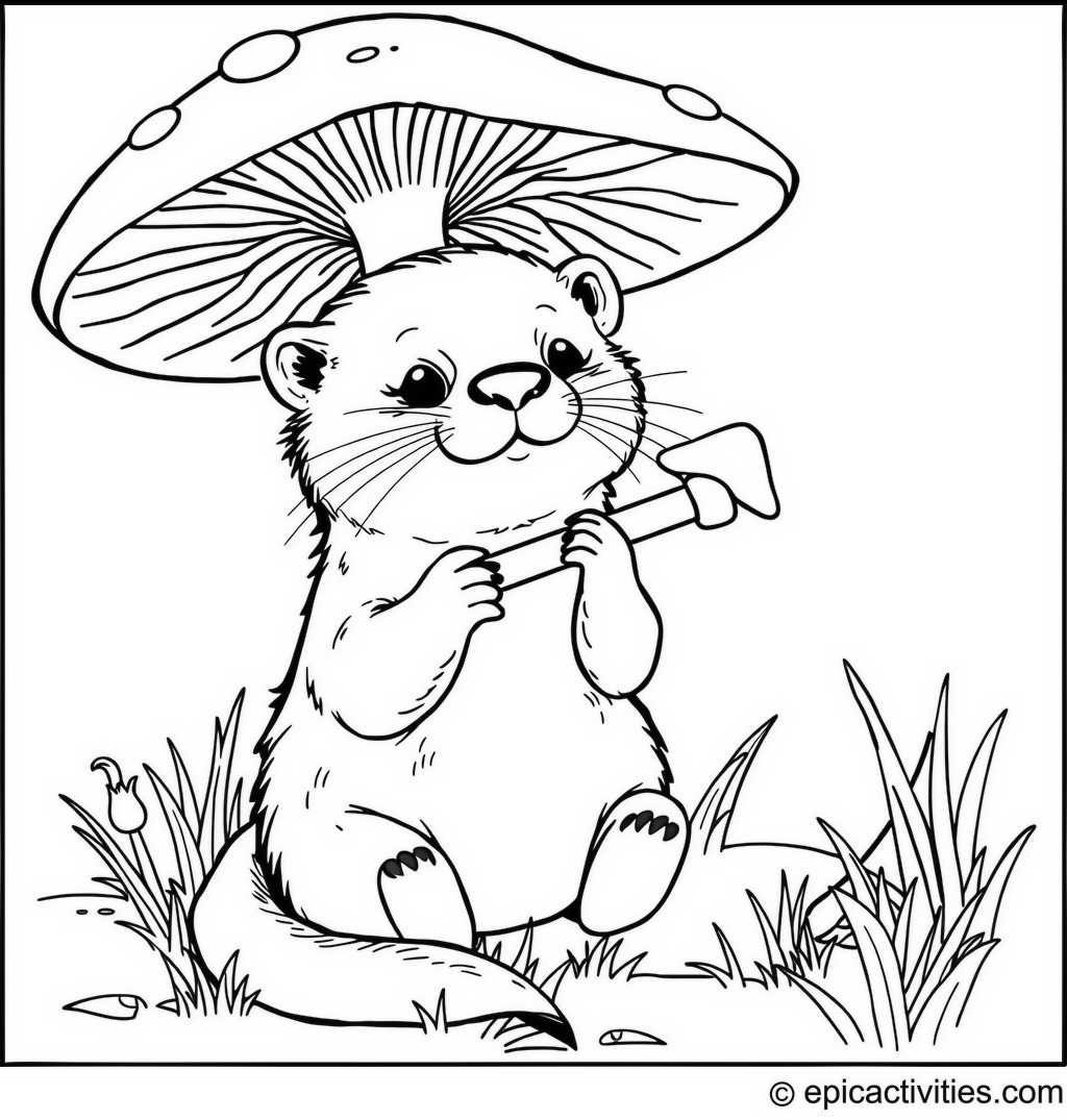 Coloring page of a Cute Otter Playing a Tiny, Magical Flute Under a Mushroom