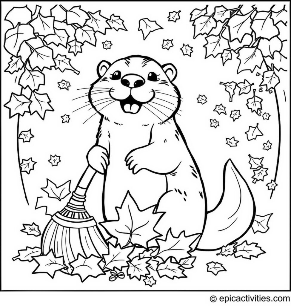 Coloring page of a Cute Otter Playing with Autumn Leaves