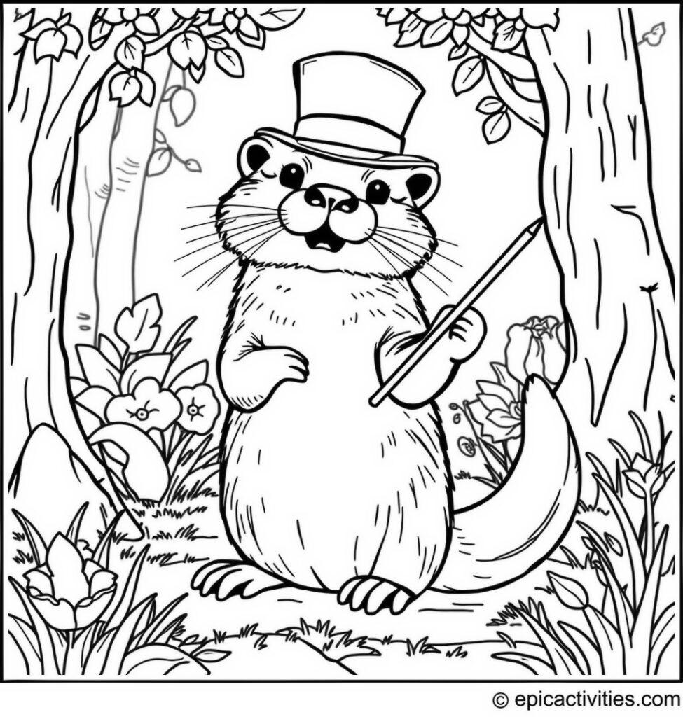 Coloring page of a cute otter practicing magic tricks in the woods