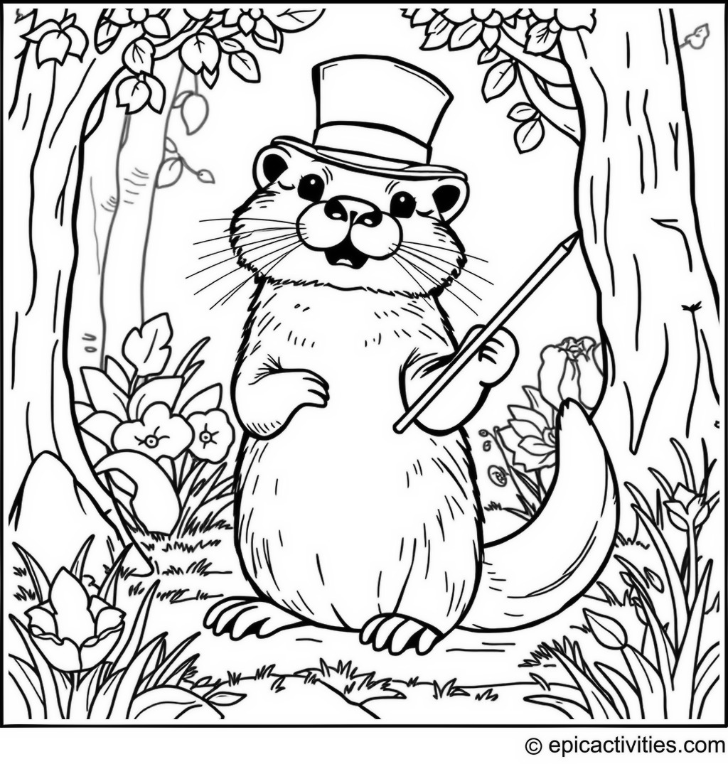 Coloring page of a cute otter practicing magic tricks in the woods