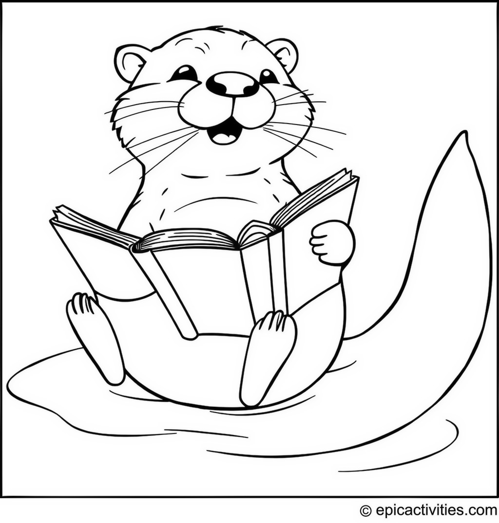 Coloring page of a Cute Otter Reading a Fairy Tale Book