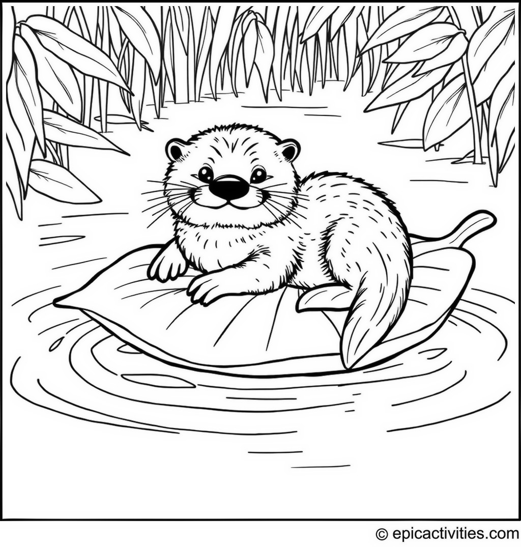 Coloring page of a Cute Otter Relaxing on a Giant Leaf in Water