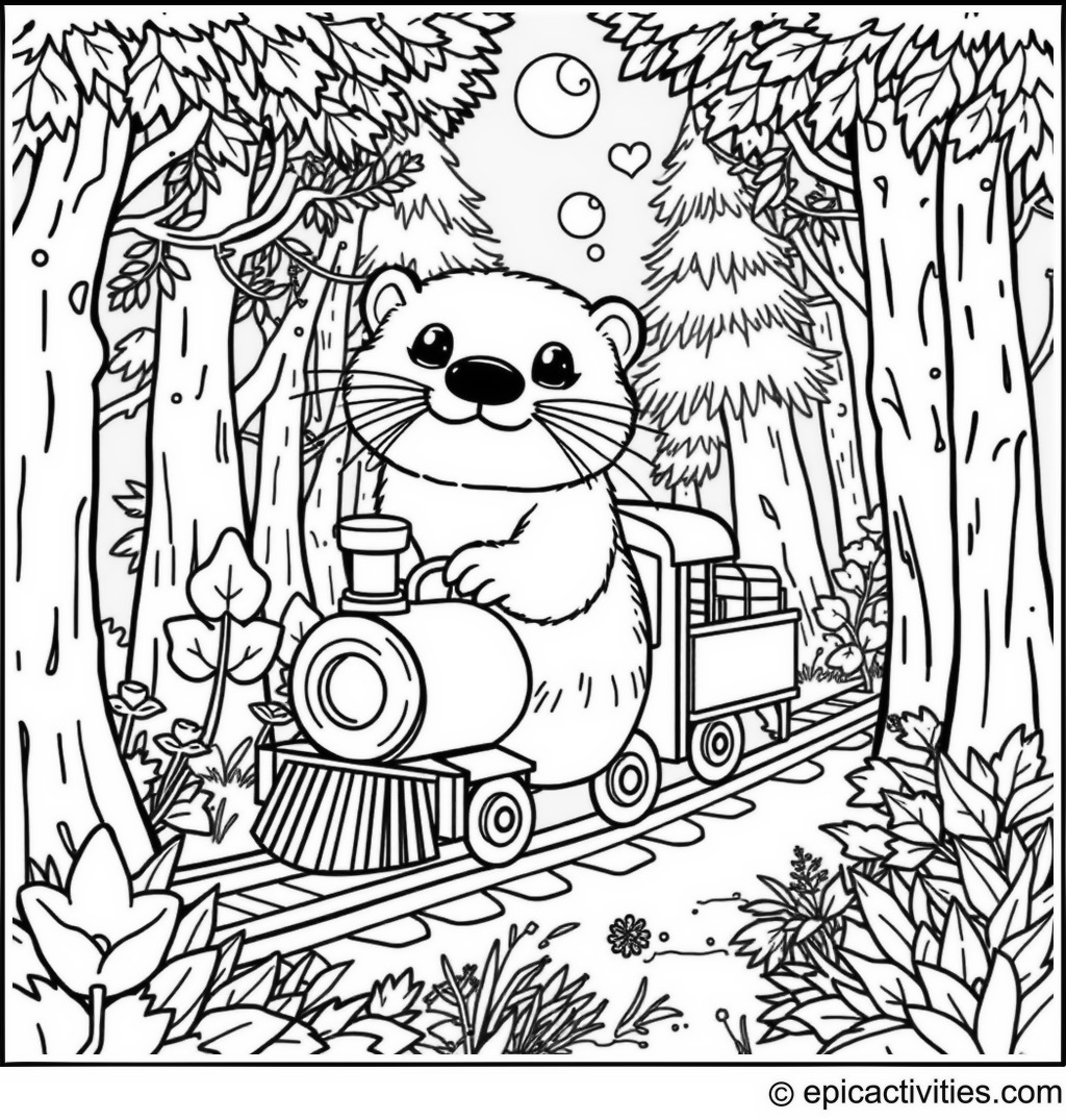 Coloring page of a cute otter riding a tiny train through a fantasy forest