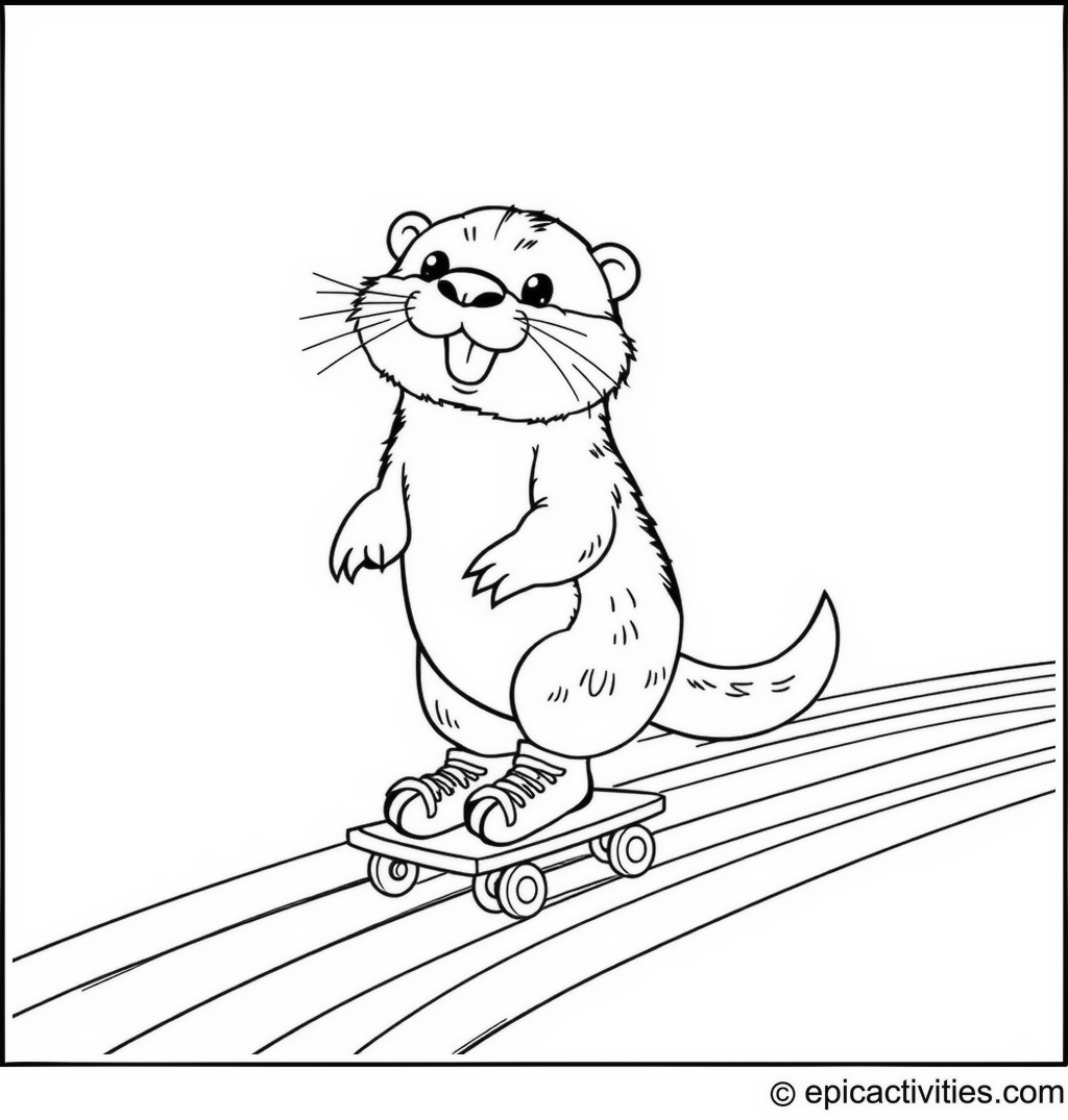 Coloring page of a Cute Otter Roller Skating on a Rainbow Path