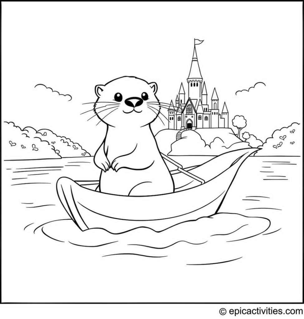 Coloring page of a Cute Otter Sailing in a Leaf Boat Towards a Castle