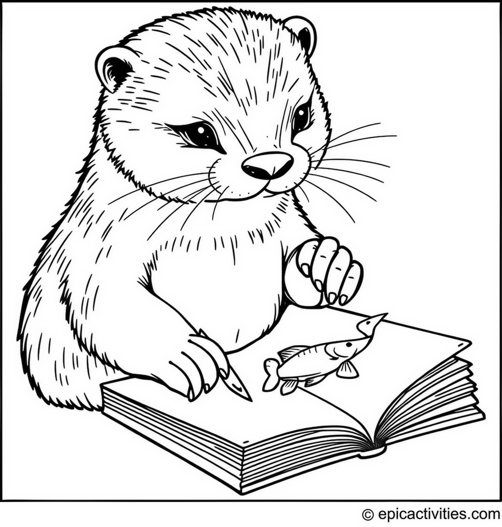 Coloring page of a cute otter sketching a fish in a notebook