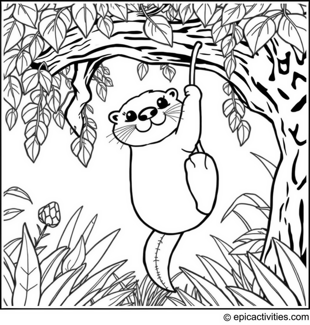 Coloring page of a cute otter swinging from a tree branch in a whimsical jungle