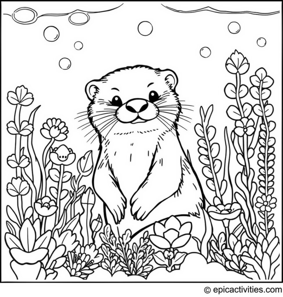 Coloring page of a cute otter tending to an underwater garden