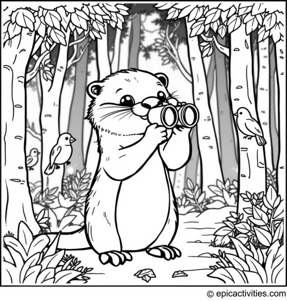 Coloring page of a Cute Otter Using Binoculars in a Cartoon Forest