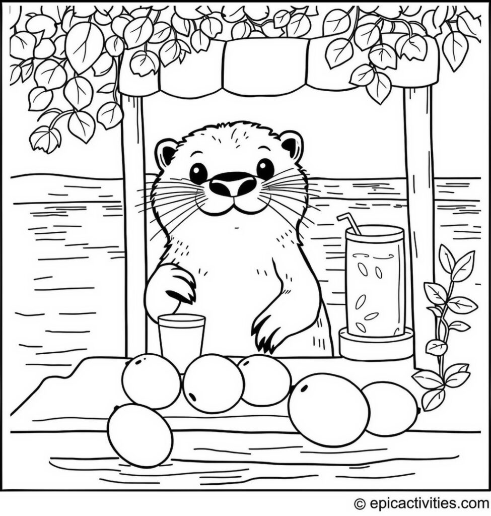 Coloring page of a cute otter with a lemonade stand by the waterside