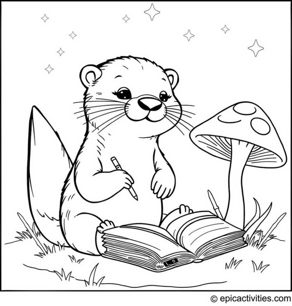 Coloring page of a cute otter writing in a magical floating book by a glowing mushroom