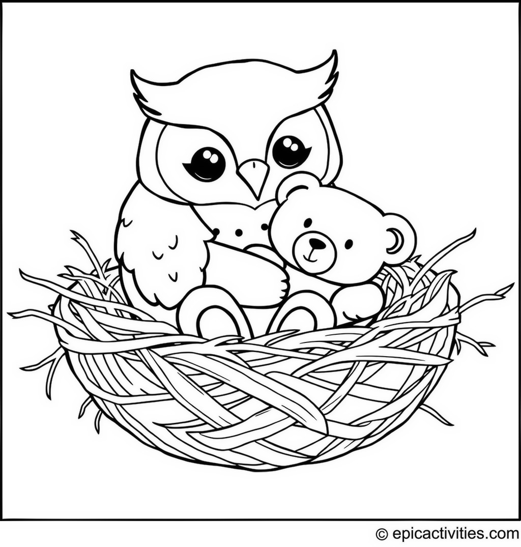 Coloring page of a Cute Owl and Teddy Bear in a Cozy Nest