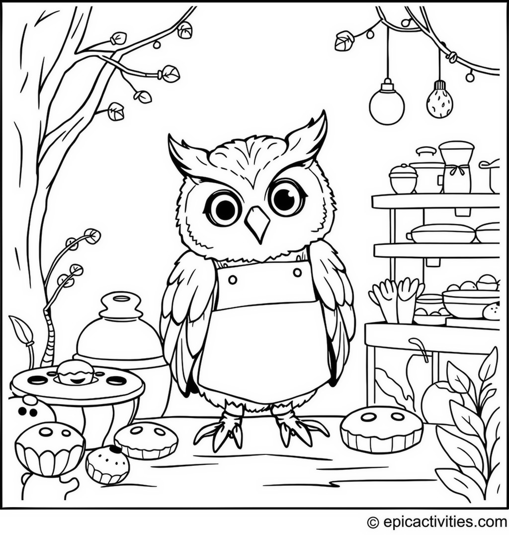 Coloring page of a Cute Owl Baking Cookies in a Whimsical Woodland Bakery