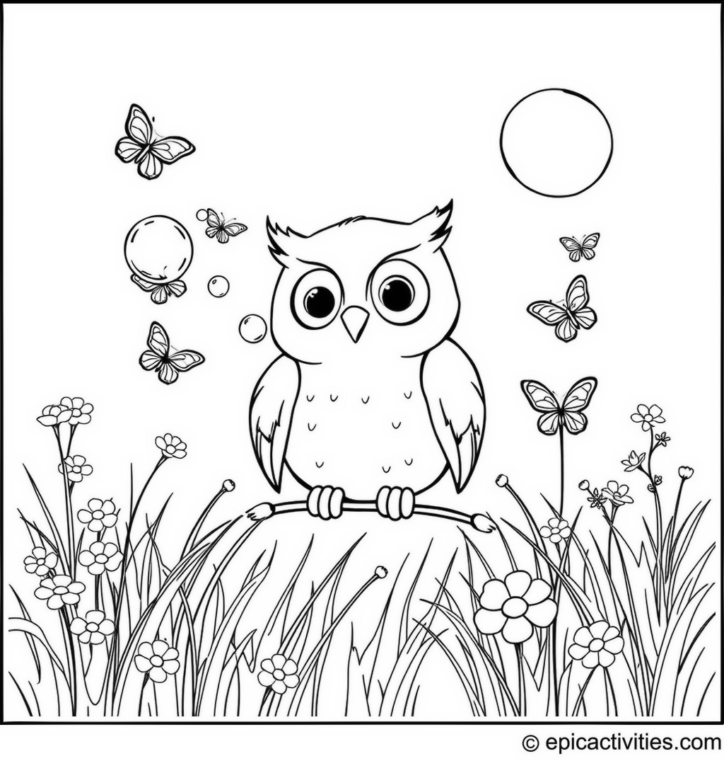 Coloring page of a cute owl blowing bubbles in a sunny meadow