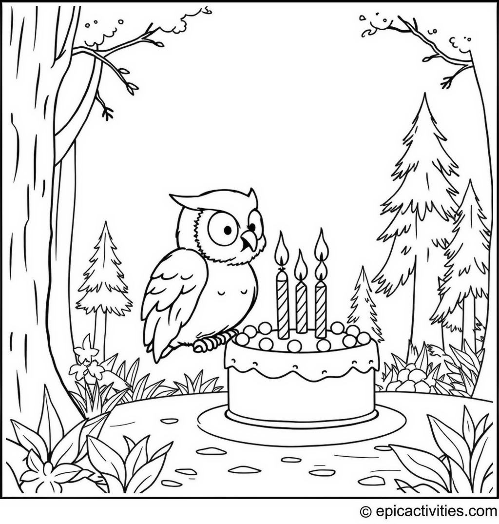 Coloring page of a Cute Owl Blowing out Birthday Candles in a Forest Clearing