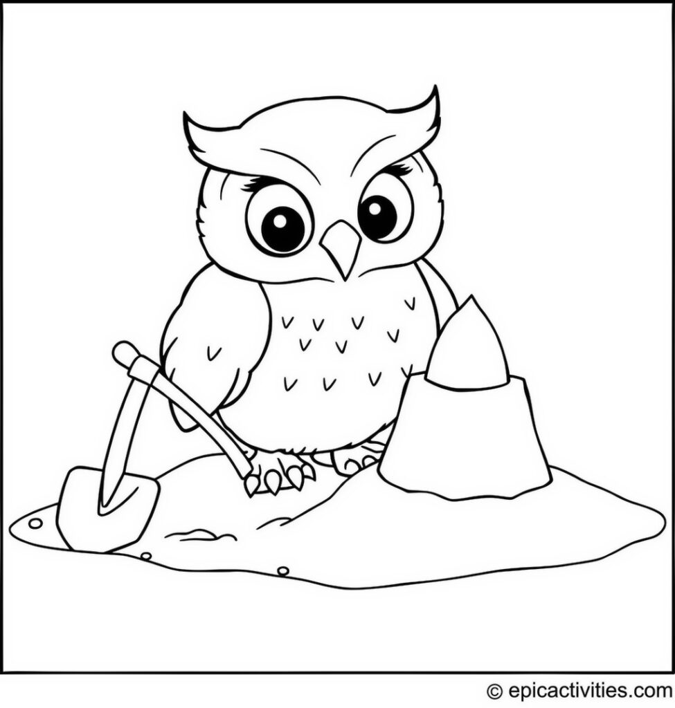 Coloring page of a Cute Owl Building a Sandcastle