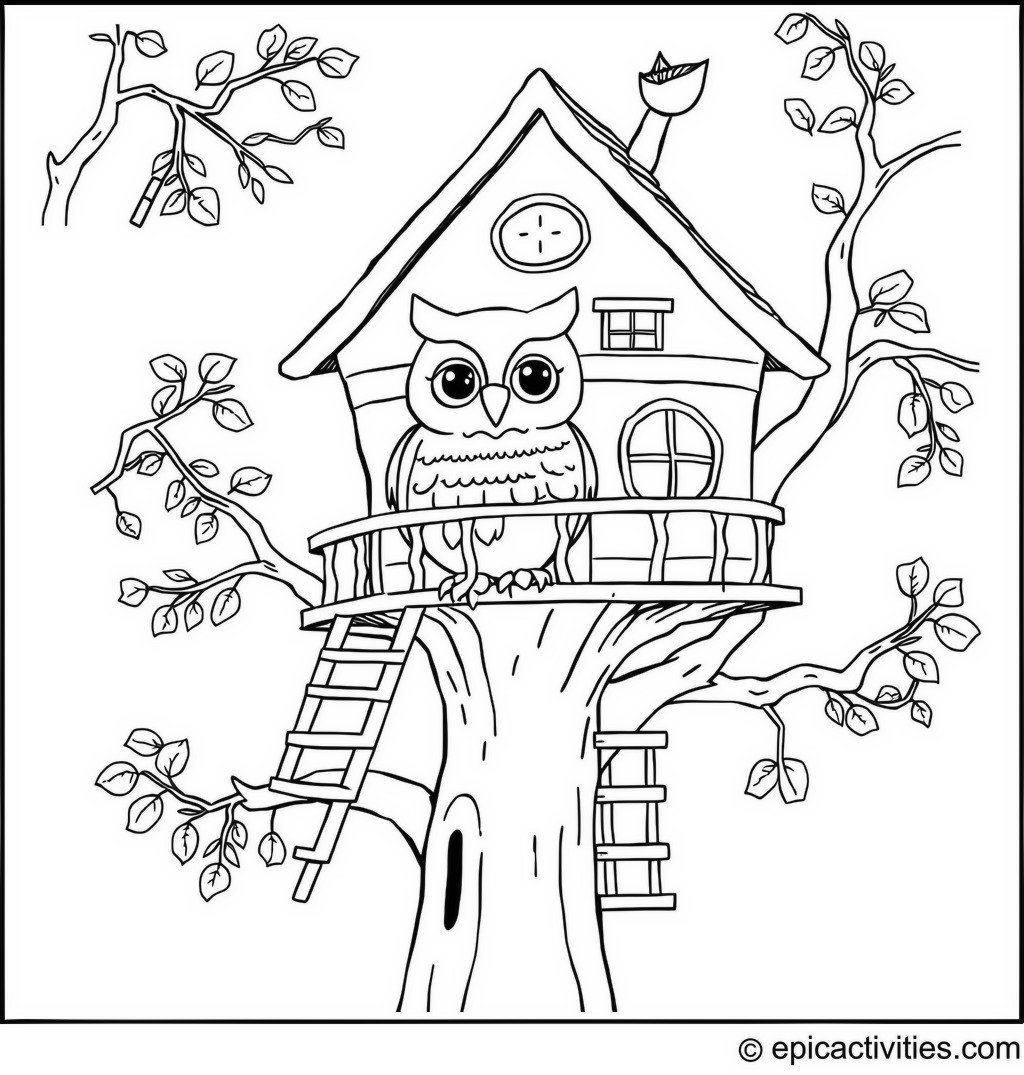 Coloring page of a Cute Owl Climbing a Treehouse