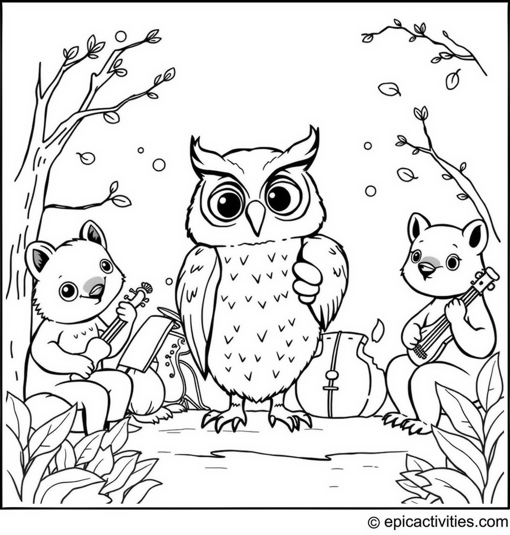 Coloring page of a Cute Owl Conductor with a Woodland Orchestra