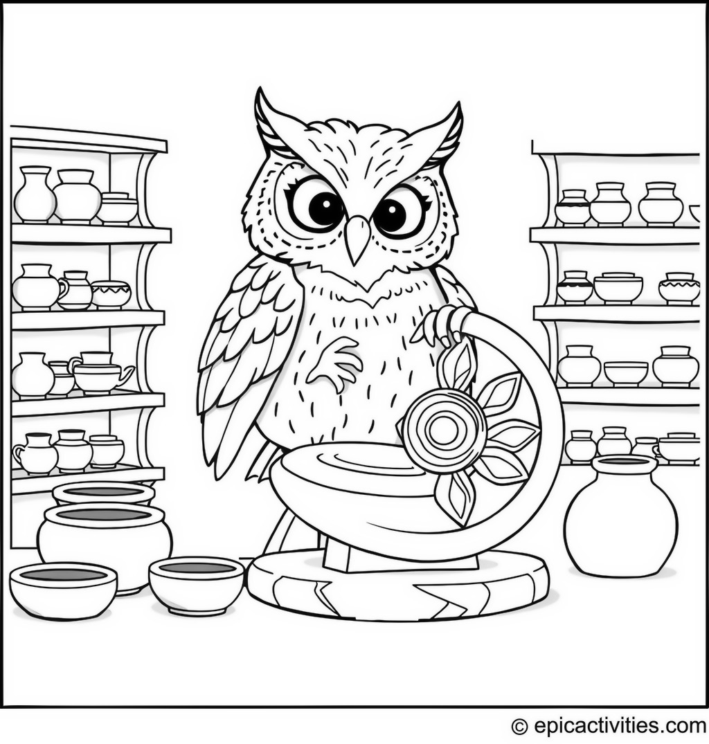 Coloring page of a Cute Owl Creating Pottery