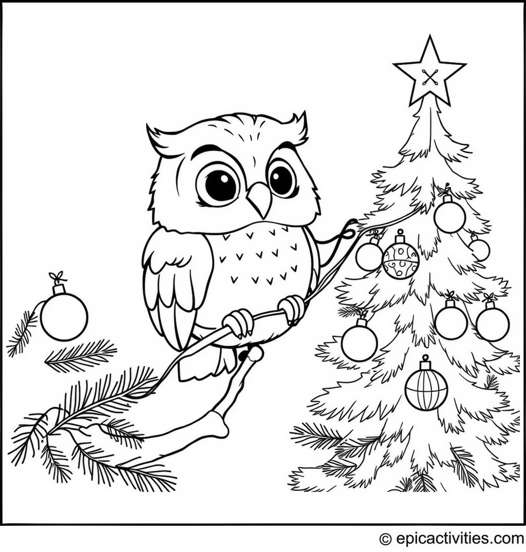 Coloring page of a cute owl decorating a Christmas tree