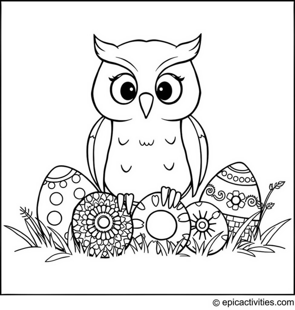 Coloring page of a cute owl decorating Easter eggs