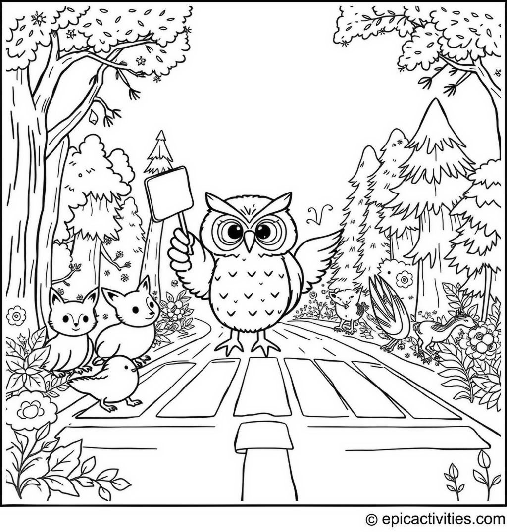 Coloring page of a Cute Owl Directing Traffic in a Whimsical Forest Scene
