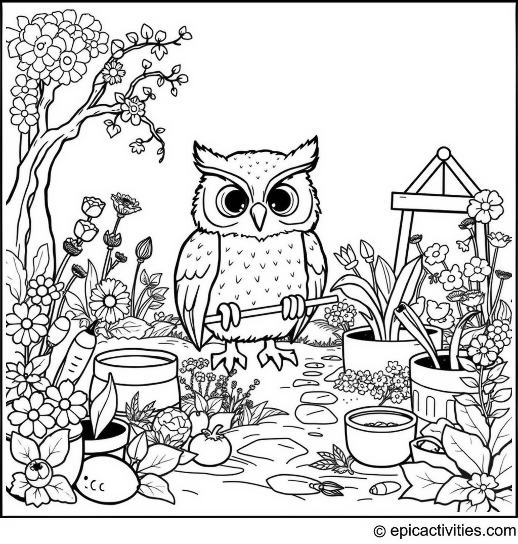 Coloring page of a Cute Owl Gardening in a Detailed Backyard