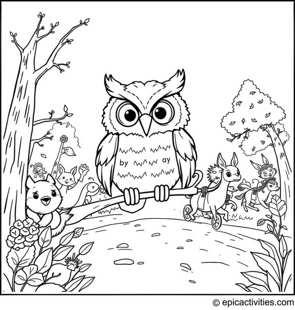 Coloring page of a cute owl hosting a woodland race with animals racing