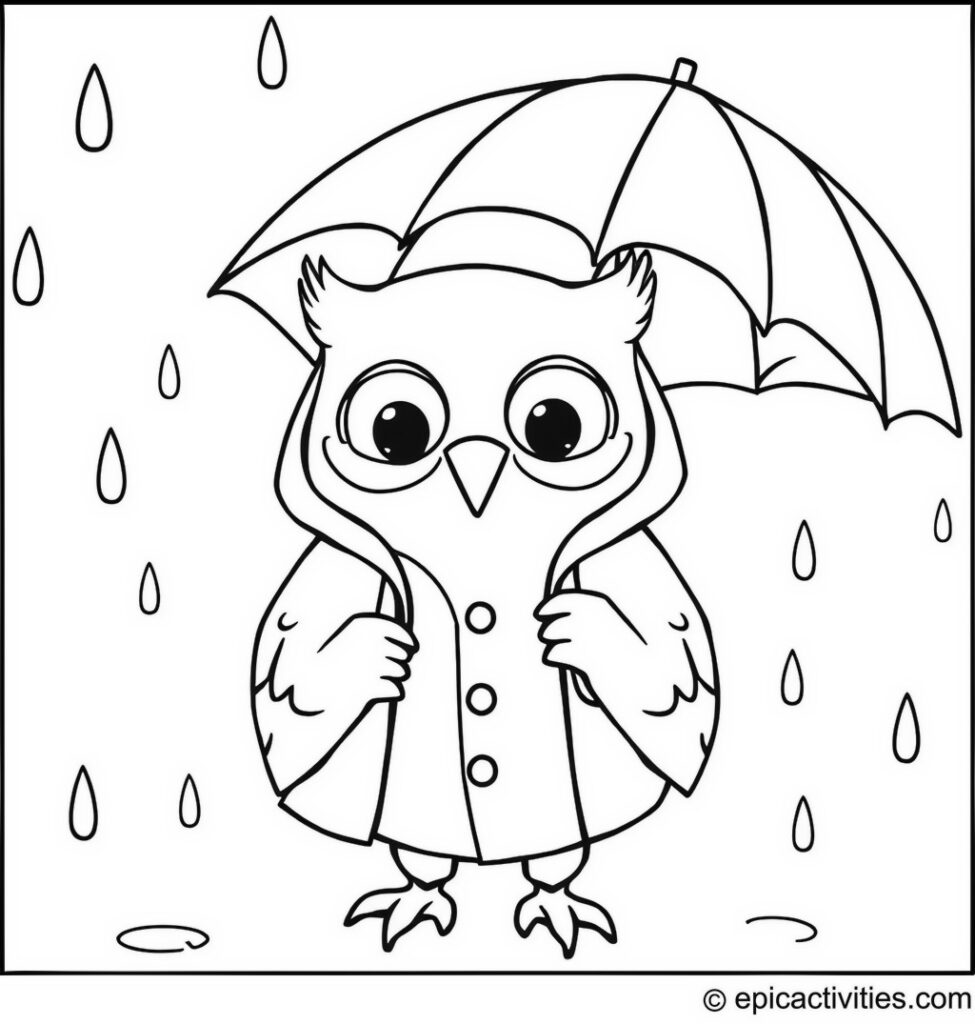 Coloring page of a cute owl in a raincoat with an umbrella