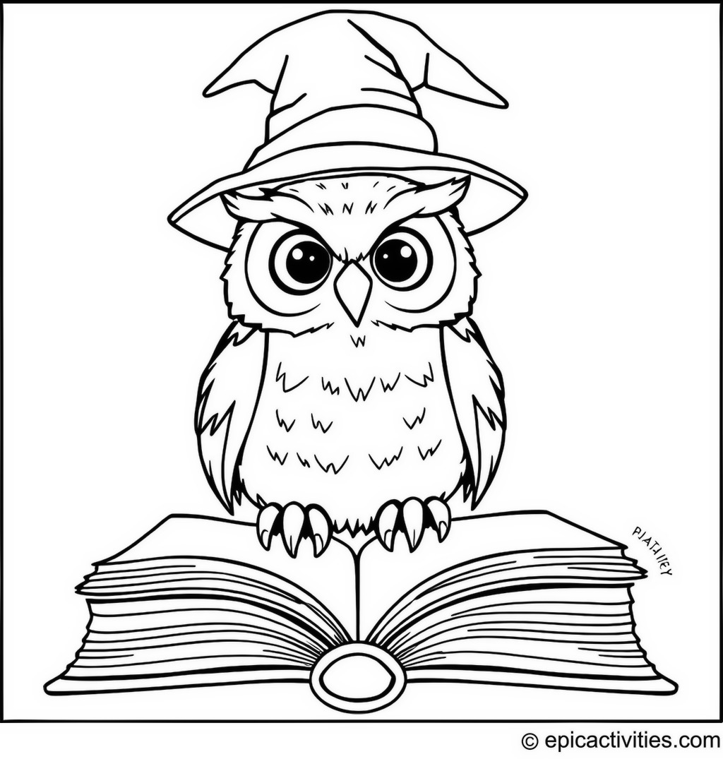 Coloring page of a Cute Owl in a Wizard Hat on an Enchanted Book